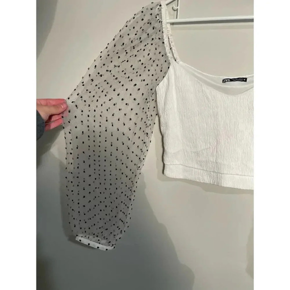 Zara White Cropped Mesh Puff Sleeve Swiss Dot Top - Picture 4 of 10